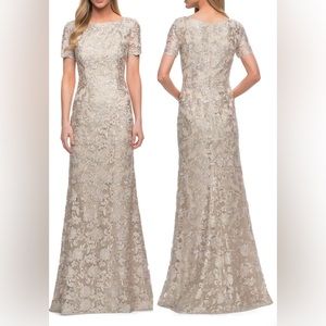 La Femme Lace Short Sleeve Sheath Gown, Size 16